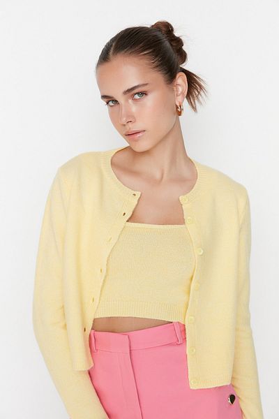 Trendyol Collection Yellow Knitwear Crop Blouse and Cardigan Set - Button Detail Twoaw21Hi0107