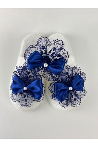 Lohussa Navy Blue Bow Stoned Maternity Crown Slippers Set