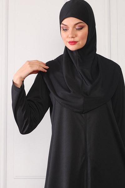 Asgard Tesettür Γυναικείο φόρεμα Hijab με φερμουάρ με μαντίλα Ολόσωμο μαύρο φόρεμα προσευχής
