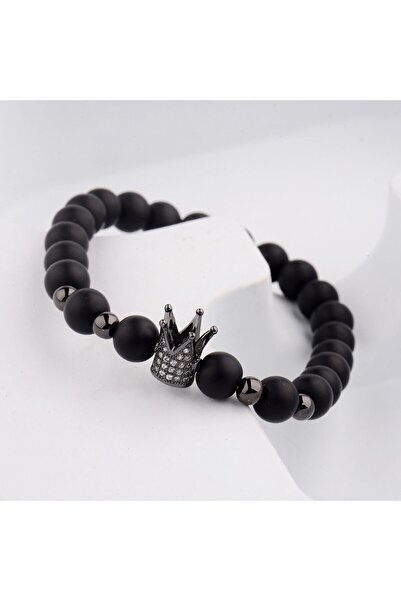 Padore Accessory سوار رجالي أنيق من الحجر الطبيعي باللون الأسود مع تفاصيل تاج...