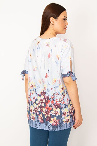 Şans Women's Large Size Blue Collar and Sleeve Lace Blouse 65n33237