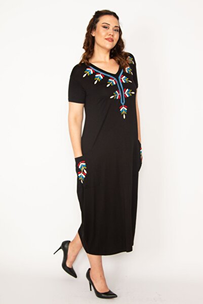 Şans Women's Large Size Black Embroidery Detailed V-Neck Viscose Dress 65n33179