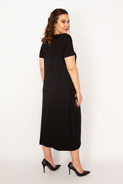 Şans Women's Large Size Black Embroidery Detailed V-Neck Viscose Dress 65n33179
