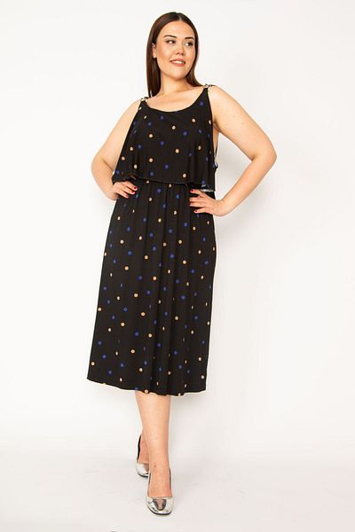 Şans Großes schwarzes Damenkleid mit Volantträgern auf der Brust 65n33212