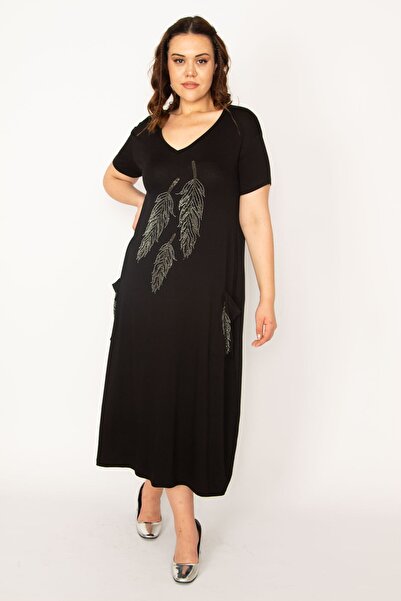 Şans Rochie din viscoză, cu decolteu în V, cu detaliu în piatră neagră, mărime mare, 65n33184