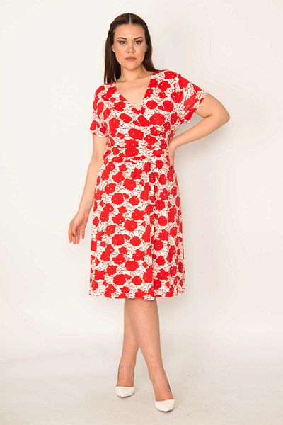 Şans Women's Plus Size Red Waist Draped Wrap Collar Dress 65n33125