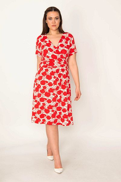 Şans Women's Plus Size Red Waist Draped Wrap Collar Dress 65n33125
