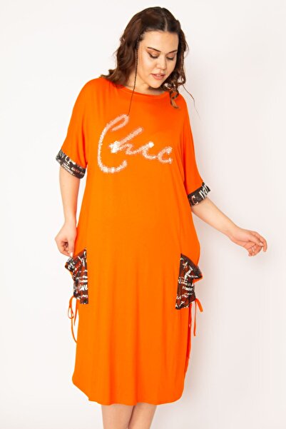 Şans Women's Large Size Orange Pocket and Sleeve Mesh Detailed Stone Printed Viscose Dress 65n33166