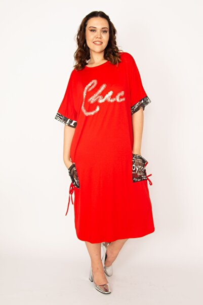 Şans Γυναικείο φόρεμα μεγάλης κόκκινης τσέπης και μανίκι με λεπτομέρεια από πέτρα με στάμπα βισκόζης 65n33166