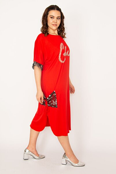 Şans Γυναικείο φόρεμα μεγάλης κόκκινης τσέπης και μανίκι με λεπτομέρεια από πέτρα με στάμπα βισκόζης 65n33166