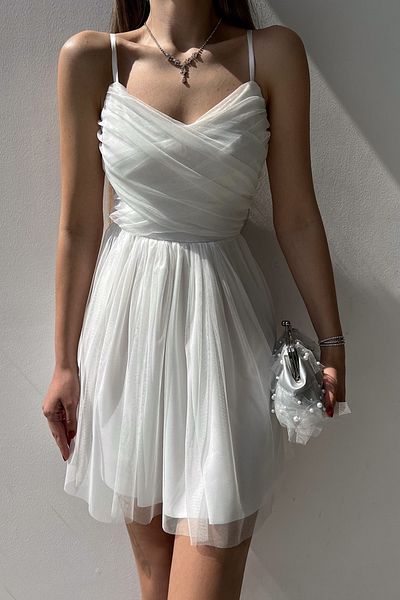 lovebox Lined Tulle Fabric Princess Design White Evening Dress White Graduation Dress 139