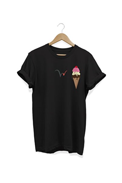 WİDİ تي شيرت أسود مطبوع بالآيس كريم