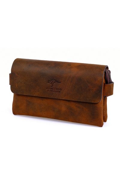 KANGAROO KINGDOM Men's Handheld Portfolio Clutch Bag Genuine Calf Leather Crazy Horse Dark Tan 9288-zkt