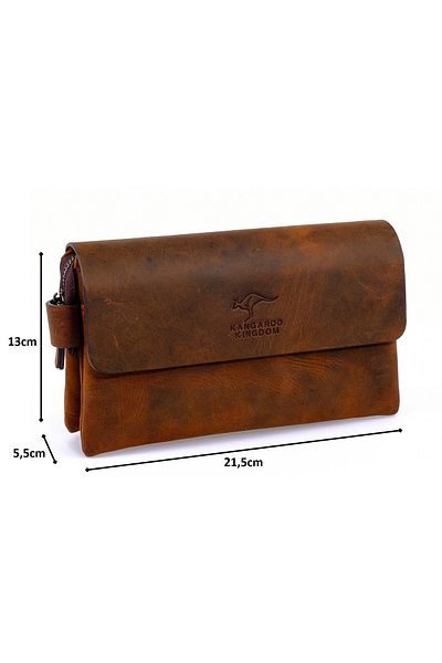 KANGAROO KINGDOM Men's Handheld Portfolio Clutch Bag Genuine Calf Leather Crazy Horse Dark Tan 9288-zkt
