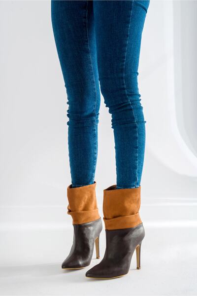 AYAKKABI PRENSİ Perdi Ботуши и боти с подплата от белows, кафяво кадифе, 10 см, дамски, обувки с ток