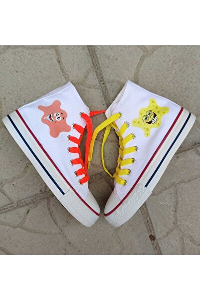 MECH BUTİK Unisex Günlük Siyah&beyaz Bilekli Sünger Bob&patrick Tasarımlı Baskılı Keten Spor Sneaker Ayakkabı