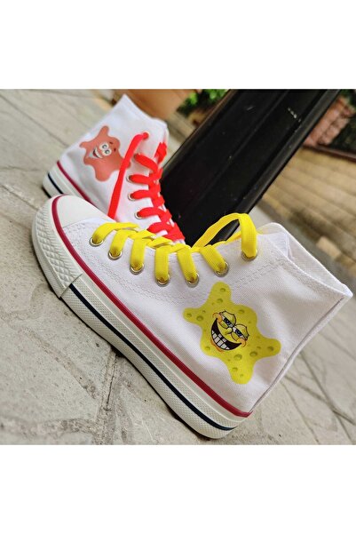 MECH BUTİK Unisex Günlük Siyah&beyaz Bilekli Sünger Bob&patrick Tasarımlı Baskılı Keten Spor Sneaker Ayakkabı