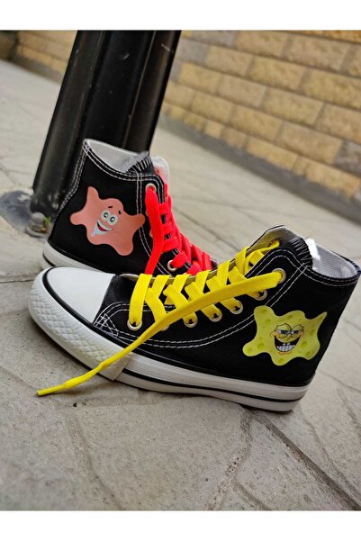 MECH BUTİK Unisex Günlük Siyah&beyaz Bilekli Sünger Bob&patrick Tasarımlı Baskılı Keten Spor Sneaker Ayakkabı