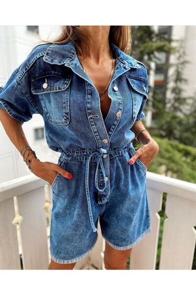 SAGİ JEANS Beli Tünelli Katlanabilir Kollu Jean Şort Tulum