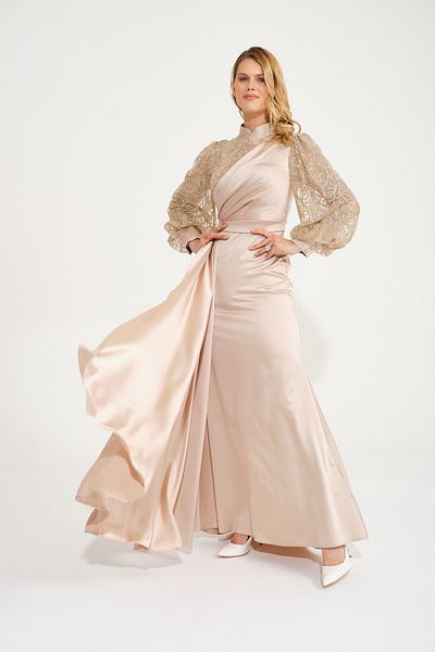 SpringStore Rochie de seara din satin cu maneca balon cu sclipici bej