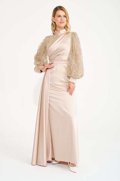 SpringStore Rochie de seara din satin cu maneca balon cu sclipici bej