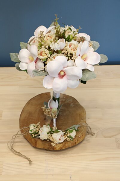 Yapay Çiçek Deposu Pudra Manolya Gül Gelin Buketi 3lü Set