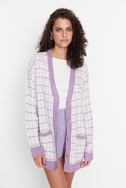 Trendyol Collection Liliowy, szeroki, tweedowy kardigan z brokatowym wzorem TWOAW21HI0250