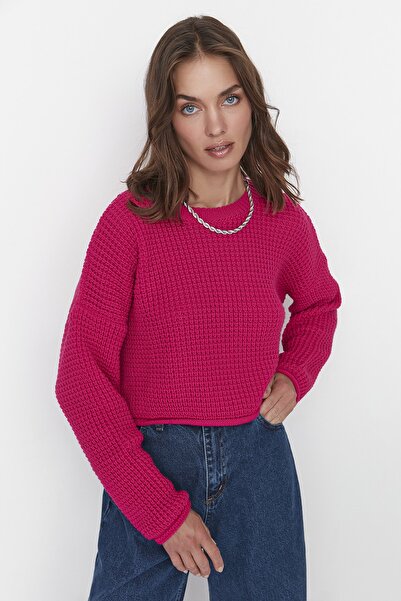 Trendyol Collection Fukszia Crop kötöttáru pulóver - széles szabású, TWOAW23KZ01193