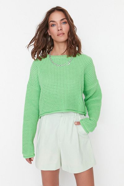 Trendyol Collection Grüner, weit geschnittener Crop-Strickpullover – TWOAW23KZ01193
