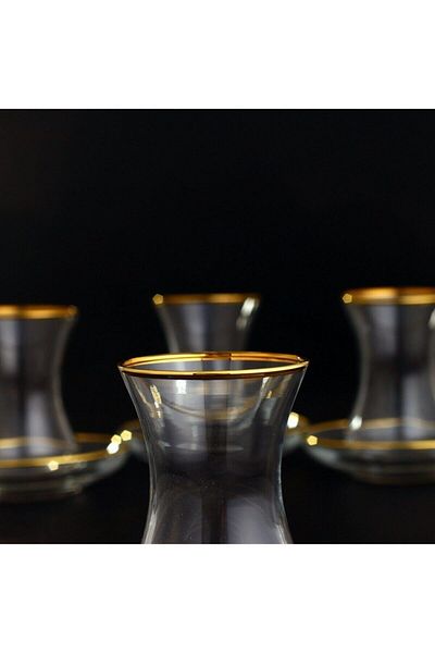 Paşabahçe 12 Piece Tea Set - Tea Cup - Mouth Wall Gold