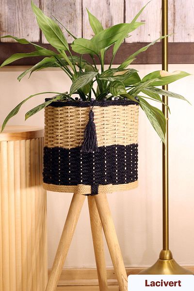 Monchi 26cm Navy Blue Jute Braided Wicker Basket - Wooden Flower Pot