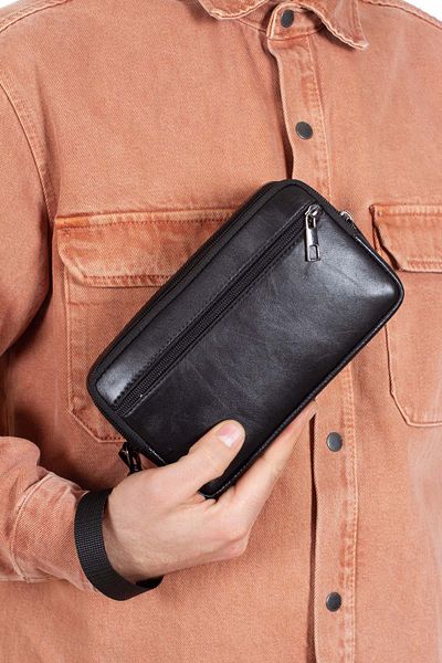 Newish Genuine Leather Hand and Waist Bag Daily Travel Cosmetic Bag Men's Black (12x20cm)