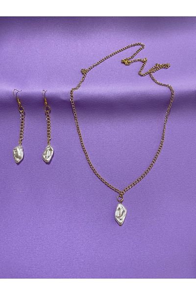 Maiden design Gold Color Chain Pearl Pendant Necklace Earring Set