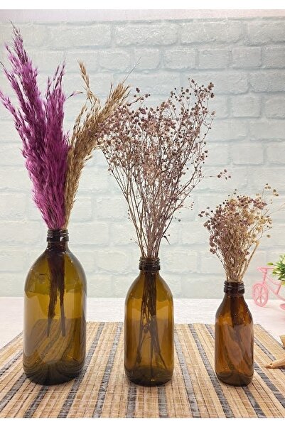 Milea 3 Boy Dekoratif Amber Cam Şişe Vazo Takımı