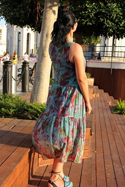 Bohemian Women's Petrol Blue Floral Print Ruffle Sleeveless Dress