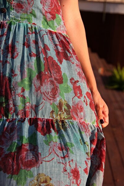 Bohemian Women's Petrol Blue Floral Print Ruffle Sleeveless Dress