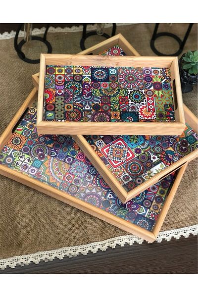 Pembelia Life Wooden Tile Patterned 3-Piece Service Presentation Tray Dowry Tray Set