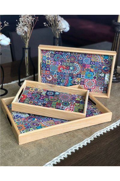 Pembelia Life Wooden Tile Patterned 3-Piece Service Presentation Tray Dowry Tray Set