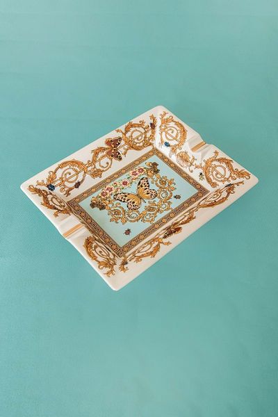 Bursa Porselen Dekor Blue Butterfly Gold Gilded Large Size Porcelain Ash Tray