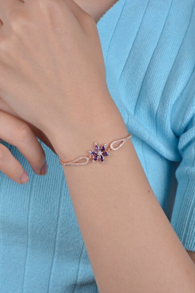 ESSARE Kadın 925 Ayar Kelepçe Model Mistik Topaz Çiçek Bileklik Gümüş Bileklik