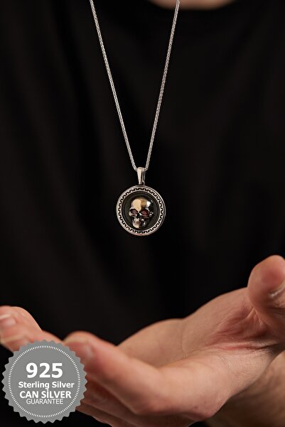 CAN SİLVER 925 Ayar Gümüş Zirkon Taşlı Kurukafa Özel Tasarım Gümüş Erkek Kolye