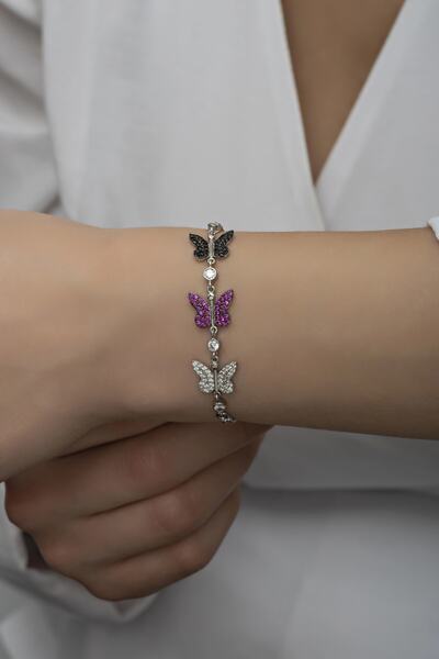 Nereze 925 Ayar Gümüş Rodyumlu 3'lü Kelebek Bileklik