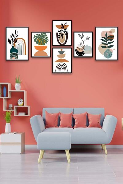 no77decor 6 Parça Sanatsal Bohem Tarzı Siyah Çerçeve Görünümlü Tablo Seti