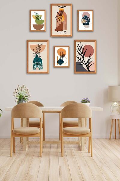 no77decor 6 Parça Ahşap Çerçeve Görünümlü Bohem Tablo Seti