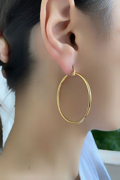 axexuar Large Hoop Earrings 316l Stainless Tarnish Stainless Steel Earrings Gold Yellow Color Diameter 40 Mm Double Sold