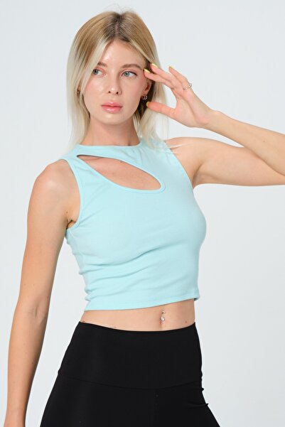 PUNKY CAT Women's Green Collar Detailed Sleeveless Crop Knitted Blouse