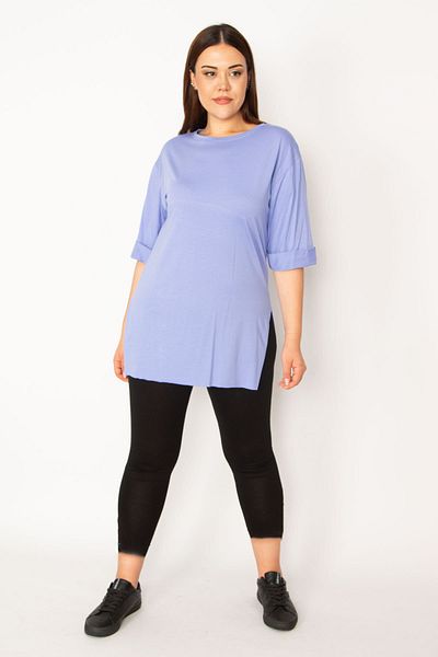 Şans Women's Large Size Lilac Double Sleeve Side Slit Blouse 65n33299