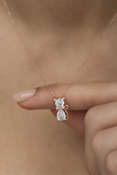 Nereze 925 Ayar Gümüş Beyaz Zirkon Taşlı Kedi Kolye