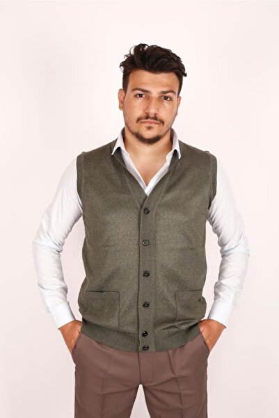 nacar çarşı Men's Fine Wool Knit Khaki Green Knitwear Vest