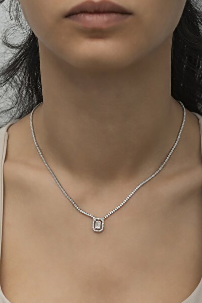 Nereze 925 Ayar Gümüş Baget Taşlı Tektaş Suyolu Kolye